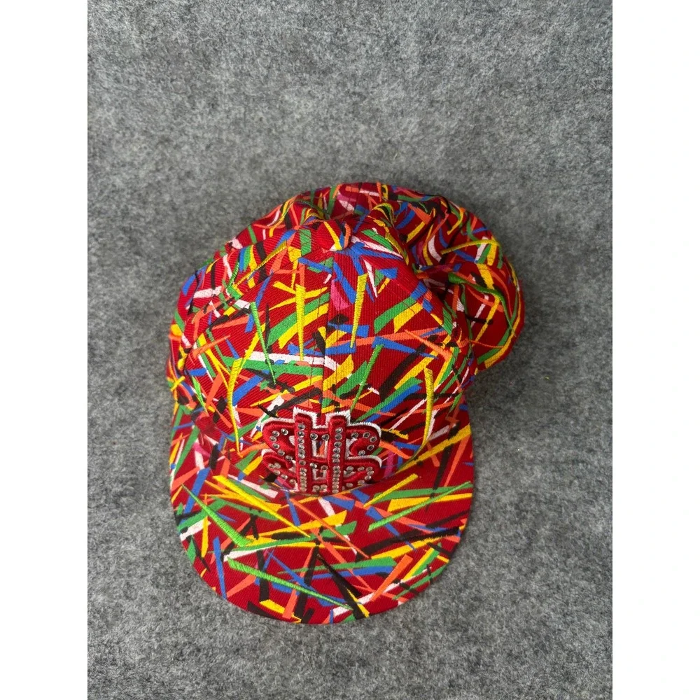 City Hunter Hat Mens XL Red Multi Color Rhinestone Dollar Sign Flat Brim Cap